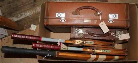 Two small leather suitcases, an attache case, gents brush sets, two Stuart Surridge tennis racquets & a cricket bat and books